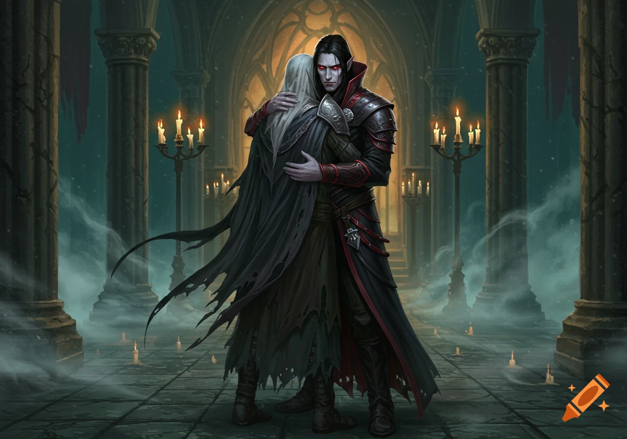Two gothic vampires embrace in a dark, candlelit hall, detailed fantasy illustration.
