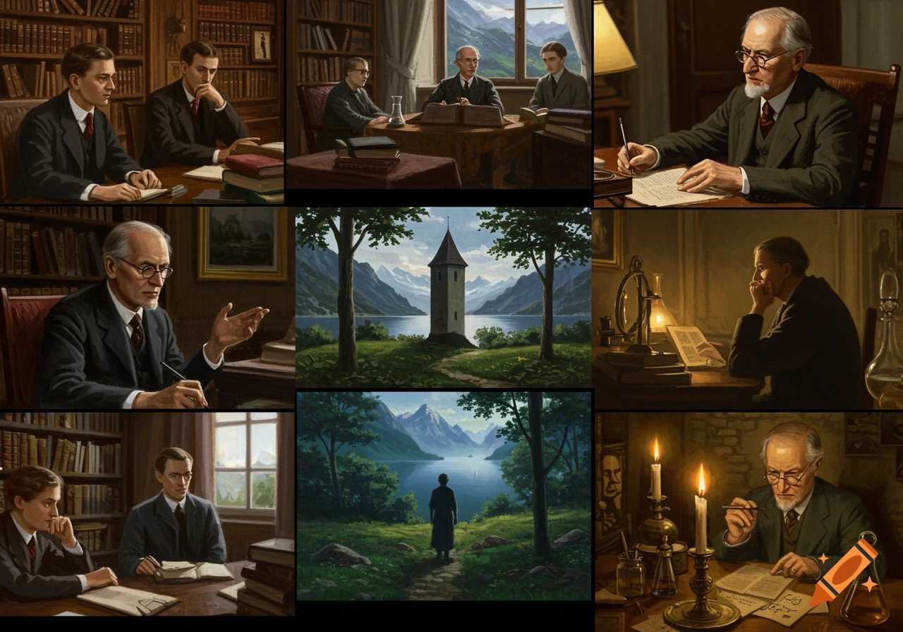 A grid of 9 realistic images shows Carl Jung with students in study settings and discussions, serene landscapes with mountains, lakes, a stone tower, and a lone figure, and Jung writing by candlelight.