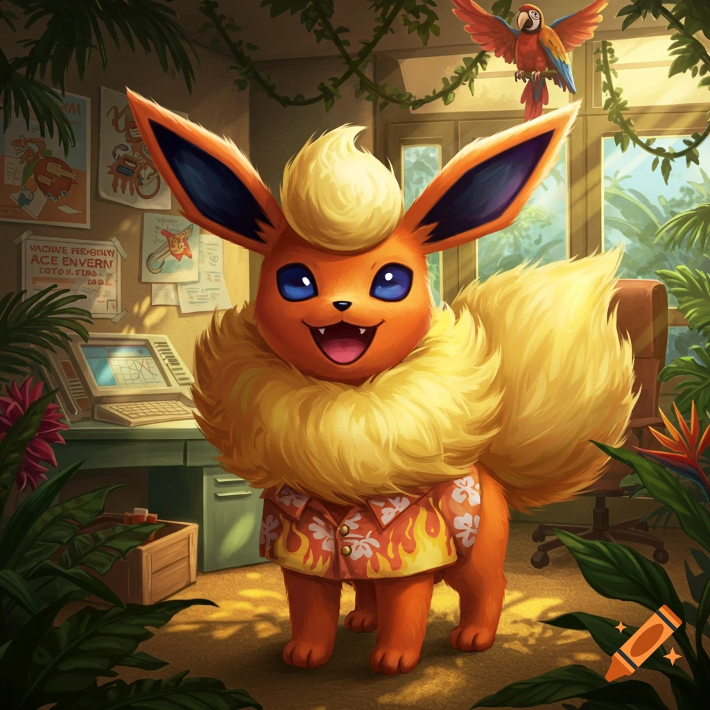 A happy Flareon from Pokemon wearing a Hawaiian shirt stands in a tropical office, with a parrot flying overhead.