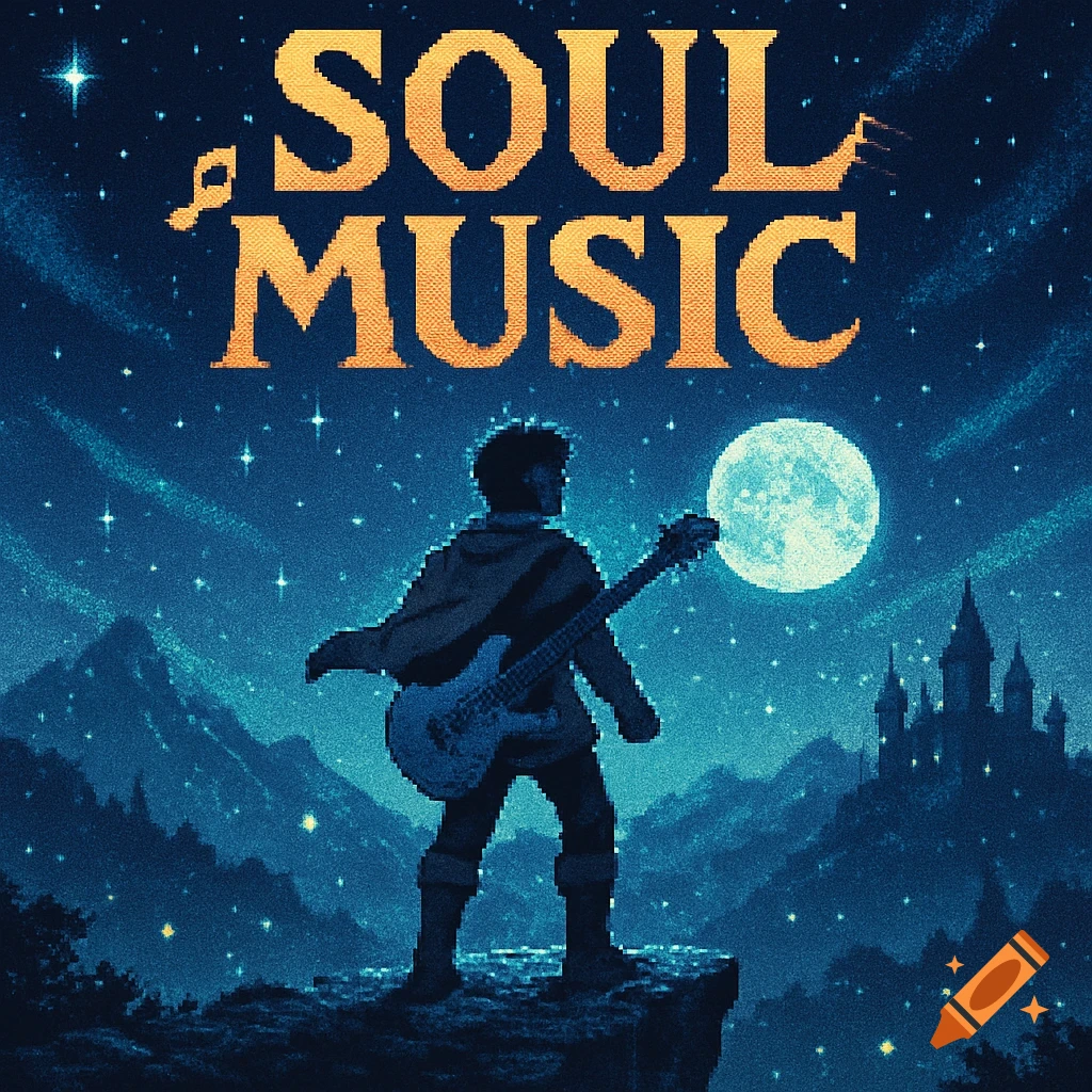 Pixel art of a guitarist on a cliff under a starry, full moon sky with mountains and a castle. Text reads 'SOUL MUSIC'.