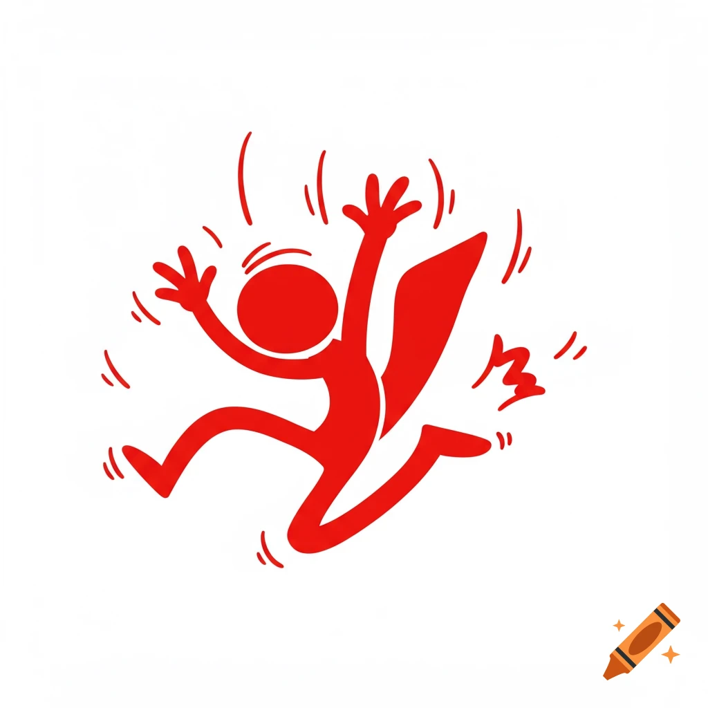 A red stick figure with outstretched arms and legs, surrounded by red motion lines, against a white background.