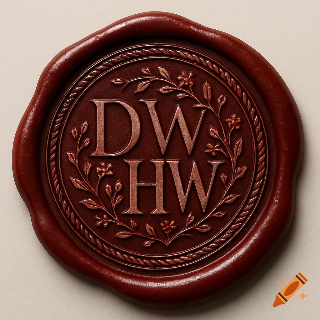 A close-up of a deep red wax seal embossed with the golden initials 'DW' and 'HW' encircled by a floral wreath and braided rope design.
