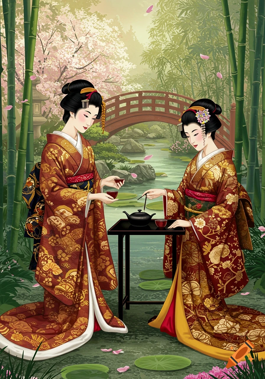 Two women in ornate traditional Japanese kimonos perform a tea ceremony in a lush garden with bamboo, cherry blossoms, and a red bridge.