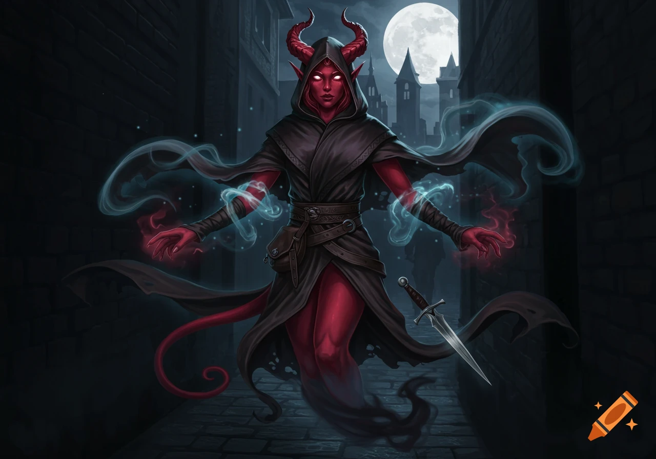 A red-skinned, horned tiefling in a dark hooded robe with glowing eyes and magical wisps in a dark alley under a full moon.