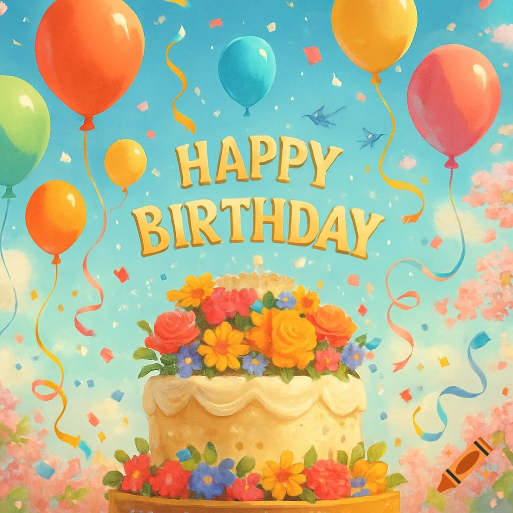 Colorful illustration of a birthday scene with balloons, a flower-decorated cake, and 'Happy Birthday' text.