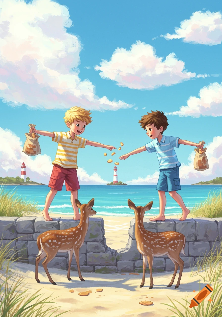 Illustration of two happy boys on a sunny beach feeding biscuits to two young deer from a stone wall.