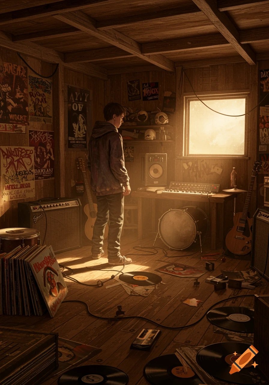 A young person stands in a dimly lit, messy music studio filled with instruments, vinyl records, and posters, bathed in warm light from a window.