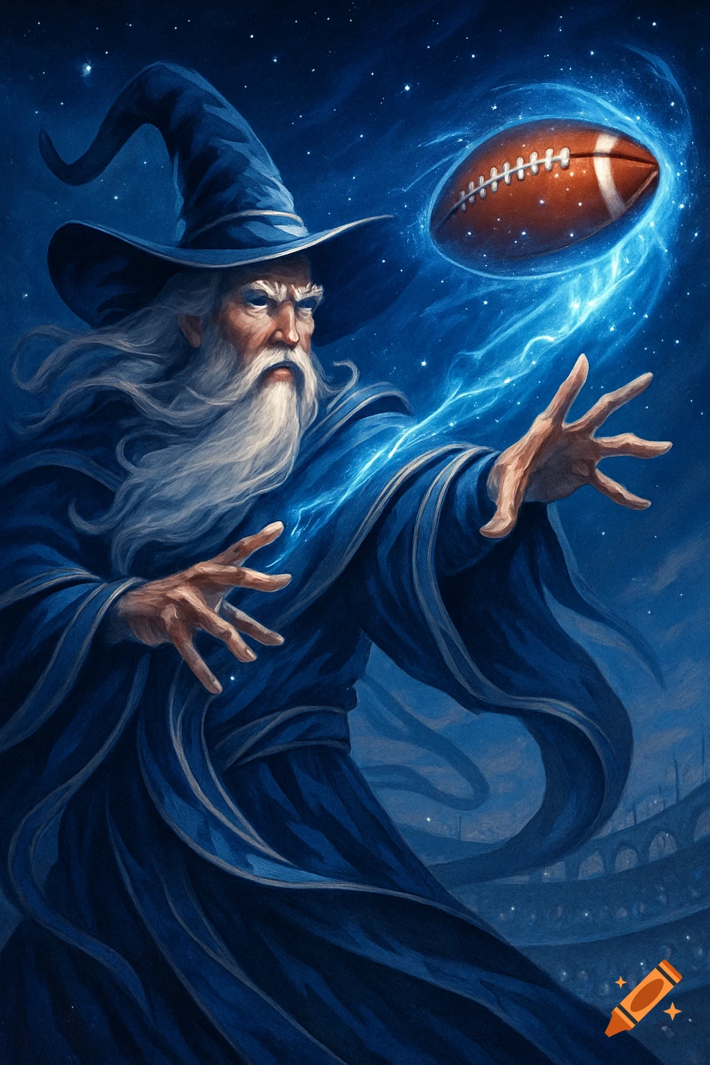 A wizard with a long white beard and a blue hat conjures an American football with glowing blue magic in a stadium under a starry sky.