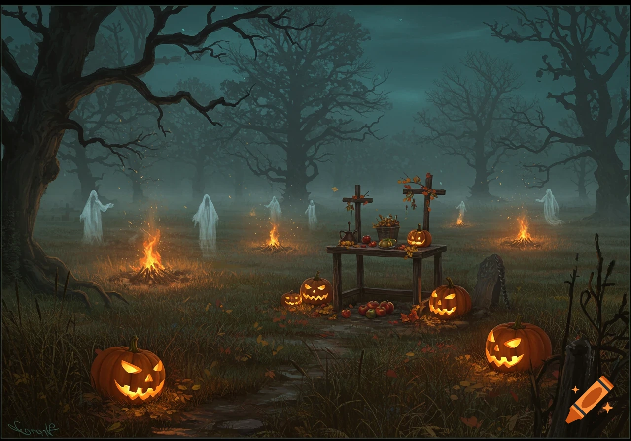 A spooky digital painting of a foggy forest at night with glowing jack-o'-lanterns, bonfires, and spectral ghosts.