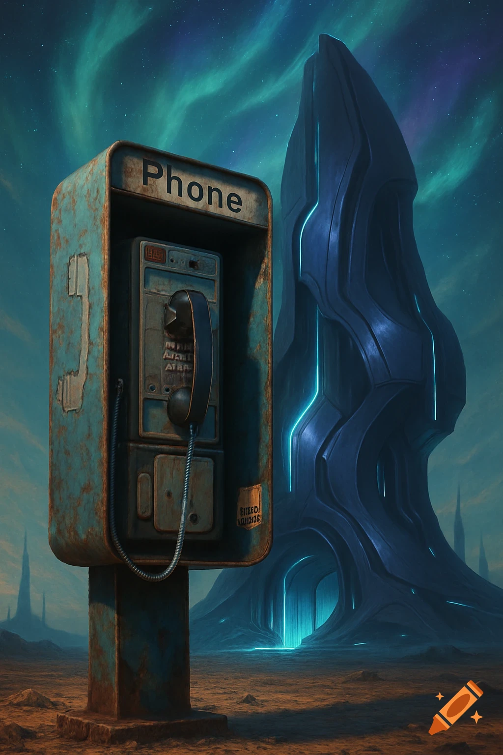 A rusty, old payphone stands in a desolate alien landscape with a large, glowing blue, futuristic structure in the background under a swirling teal sky.