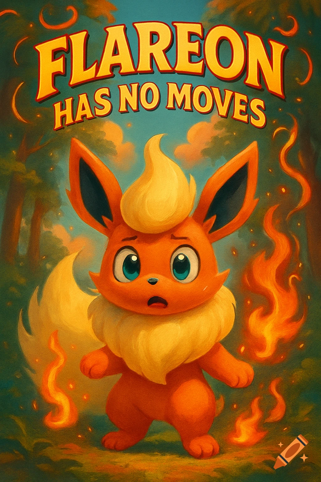 Cartoon poster of a sad Flareon in a forest surrounded by small flames, with the title 'FLAREON HAS NO MOVES'.
