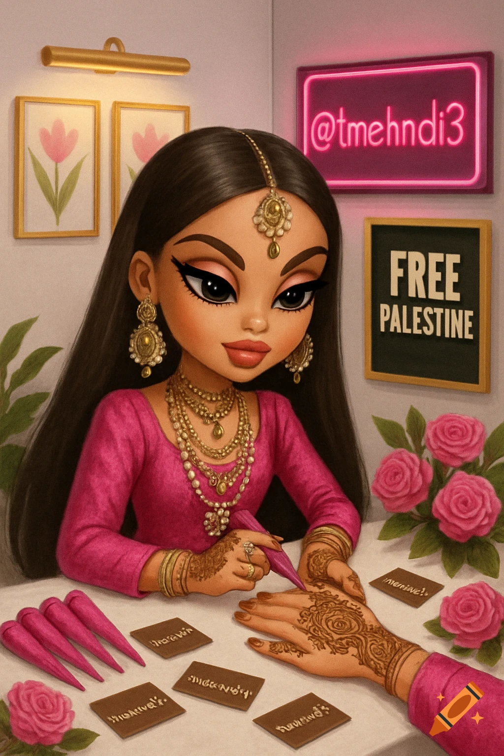 Stylized cartoon girl as a henna artist applying brown henna to a hand, wearing pink lengha and gold jewelry. Table with pink henna cones, roses, and business cards. Pink neon sign "@tmehndi3" and a "FREE PALESTINE" sign in the background.
