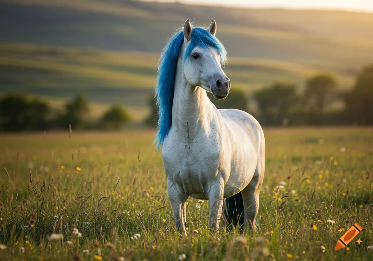 A photorealistic white horse with a vibrant blue mane and tail stands in a sunlit grassy field with wildflowers.