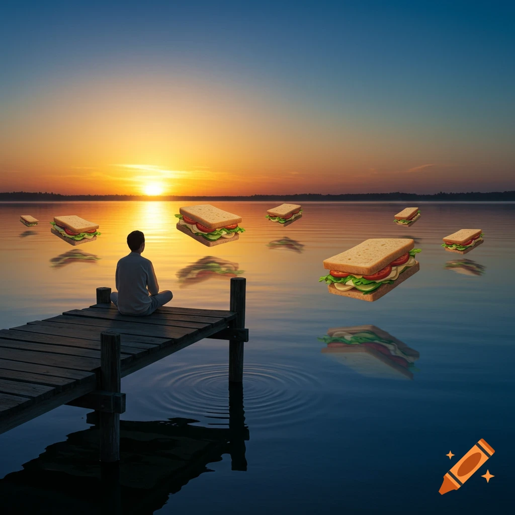 A person meditating on a dock at sunset, surrounded by multiple floating sandwiches over a calm lake.