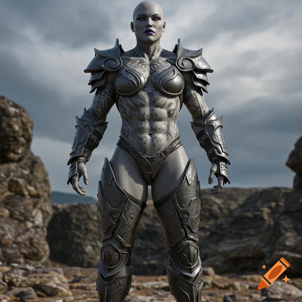 A muscular, bald woman with grey skin and intricate tattoos stands menacingly in grey fantasy armor, wearing purple lipstick.