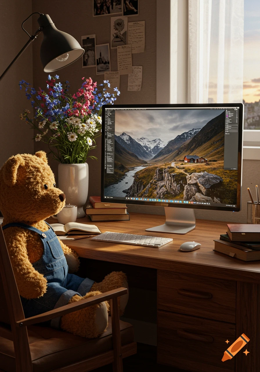 A photorealistic image of a teddy bear in blue overalls sitting at a wooden desk with a computer, flowers, and books.