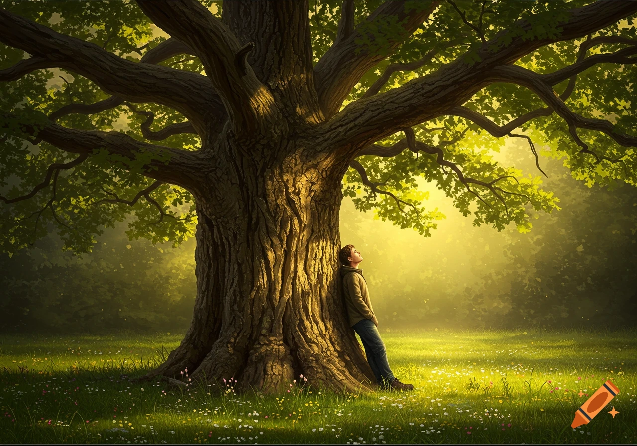 A person leans against a massive, sunlit tree in a vibrant green forest, bathed in golden light.