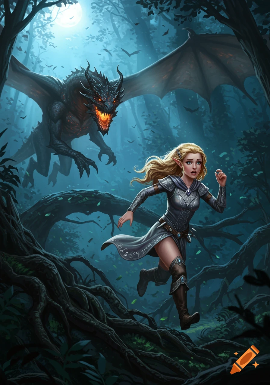 A blonde elf runs in fear through a dark, moonlit forest, pursued by a fierce, glowing-eyed black dragon.