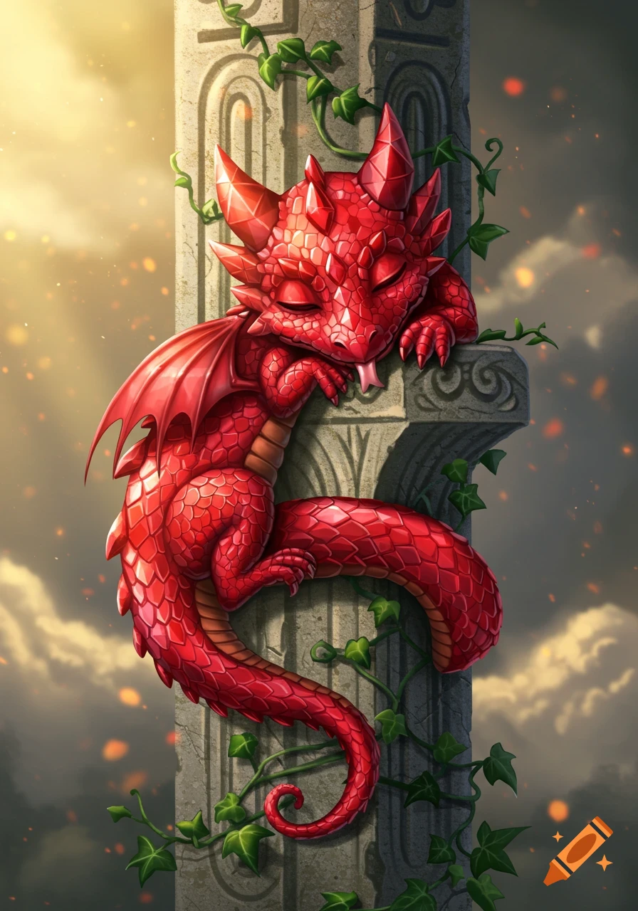 A cute red baby ruby dragon sleeps curled around an ivy-covered stone pillar, set against a warm, cloudy sky.