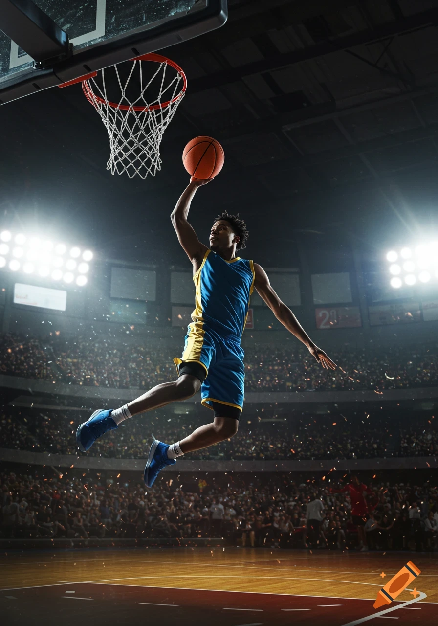 Photorealistic image of a basketball player in blue and yellow jersey jumping to dunk a basketball in a brightly lit stadium.