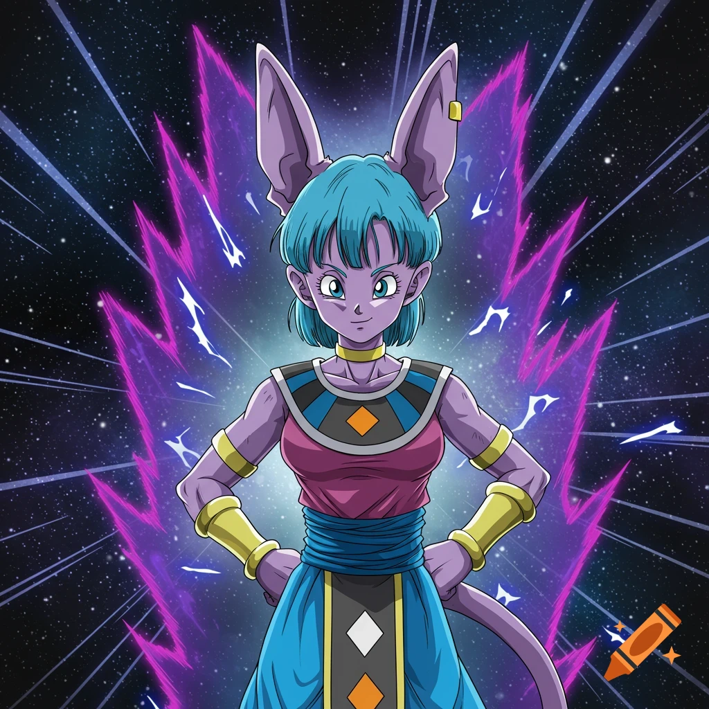 Anime female character with purple skin, cat ears, and tail, wearing a god of destruction outfit, stands in a cosmic background with purple aura.