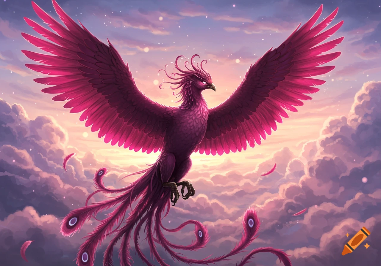 A majestic pink and purple phoenix with glowing eyes and flowing feathers soars through a dreamy, sparkling sky with soft clouds.