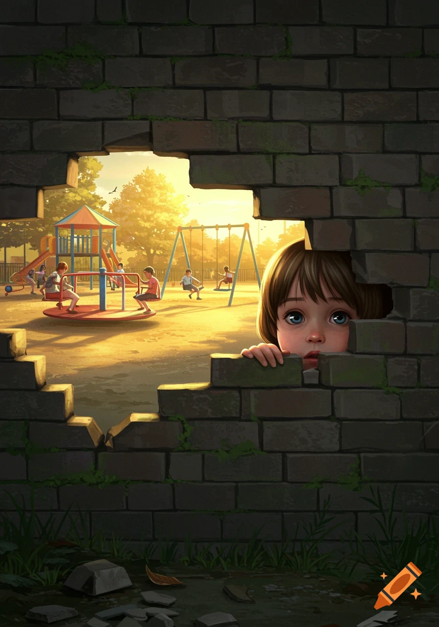 An illustration of a lonely child peeking through a broken brick wall at other children playing in a sunlit playground.