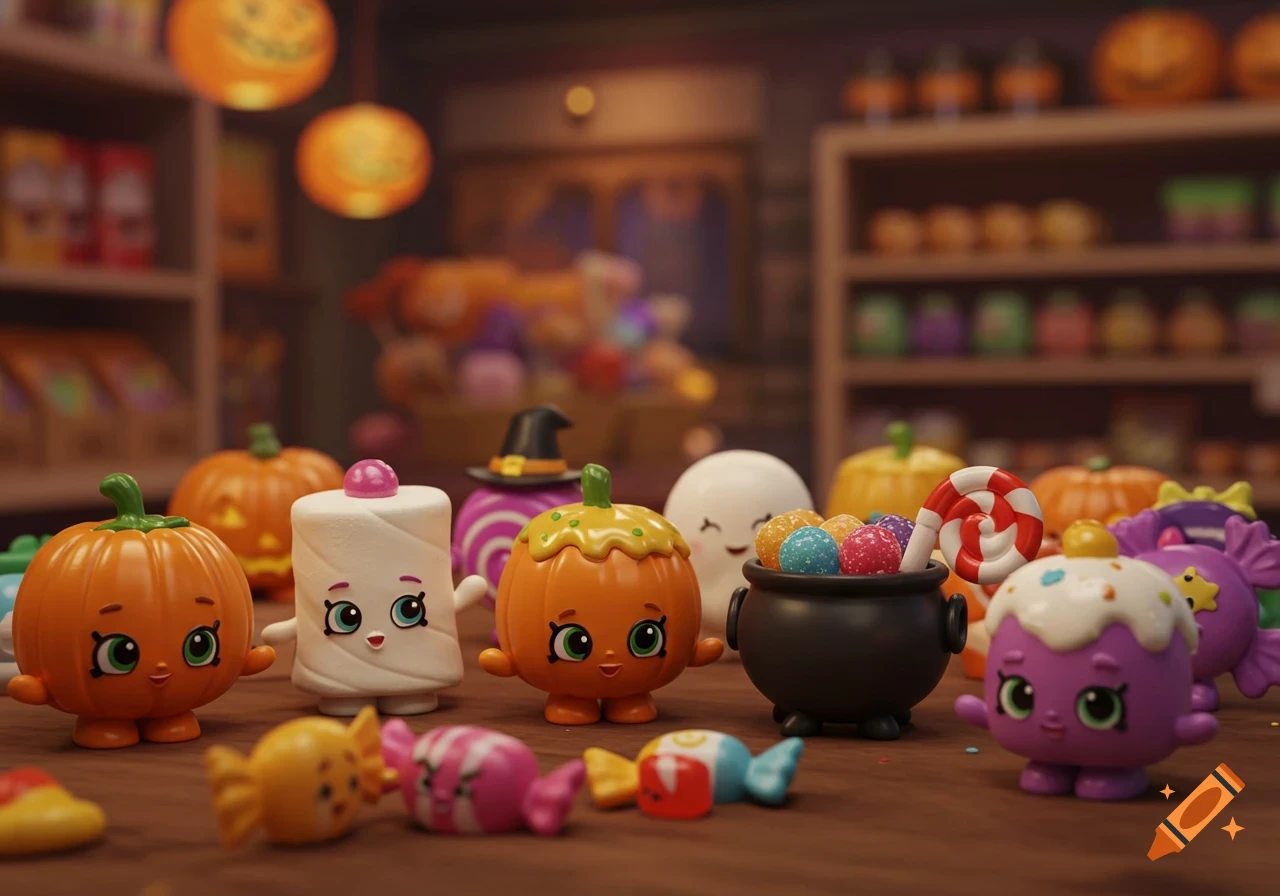 Cute Halloween-themed pumpkin, marshmallow, and candy character toys on a wooden table in a blurry candy shop.
