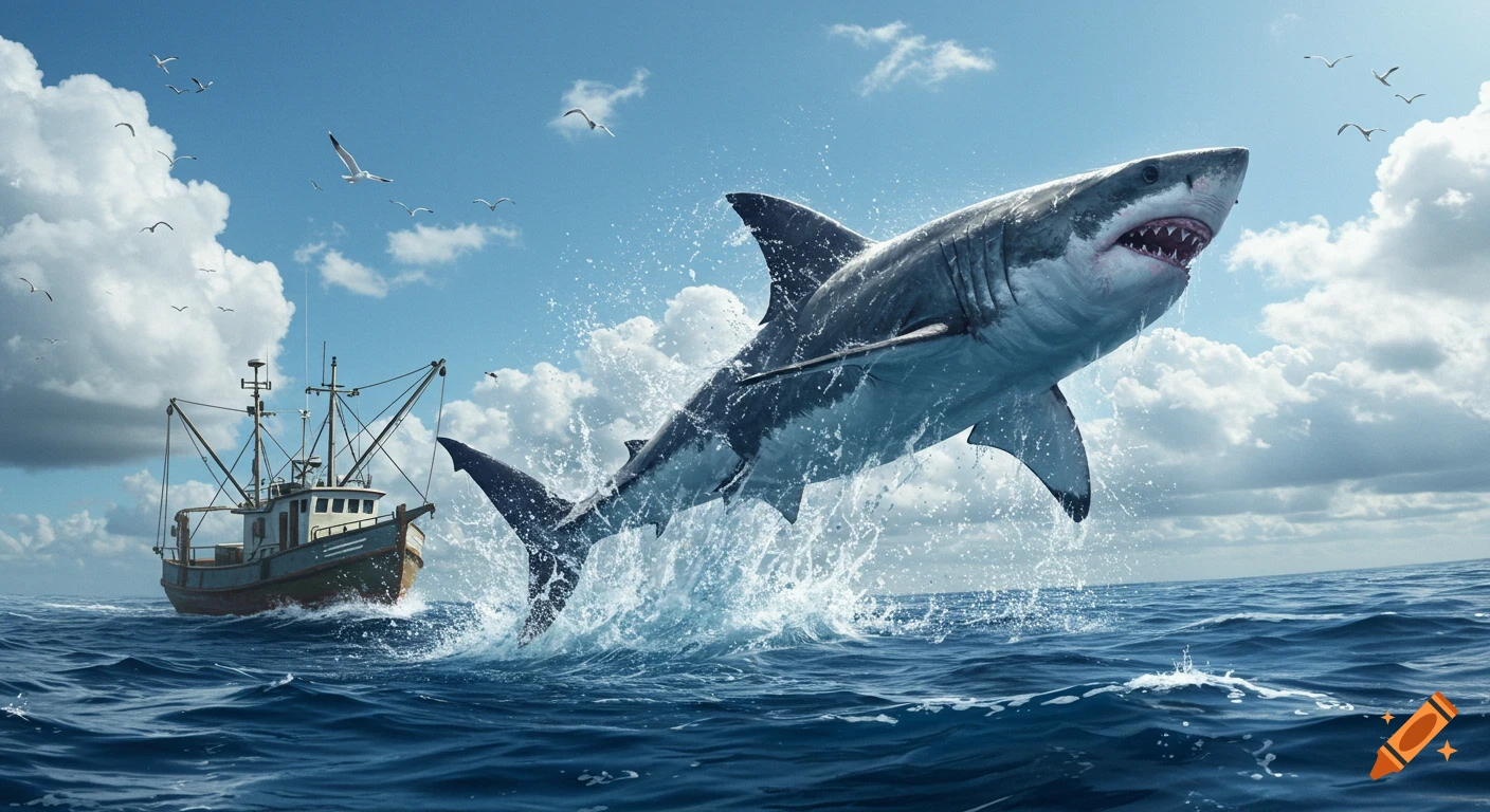 A powerful great white shark breaches the water, jaws open, next to a fishing boat under a dramatic sky with seagulls.