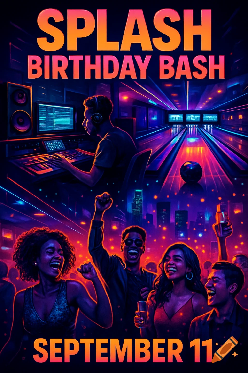 A vibrant party flyer in neon pink and blue. Text reads 'SPLASH BIRTHDAY BASH' and 'SEPTEMBER 11'. Features a DJ, a bowling alley, and diverse people dancing and celebrating.