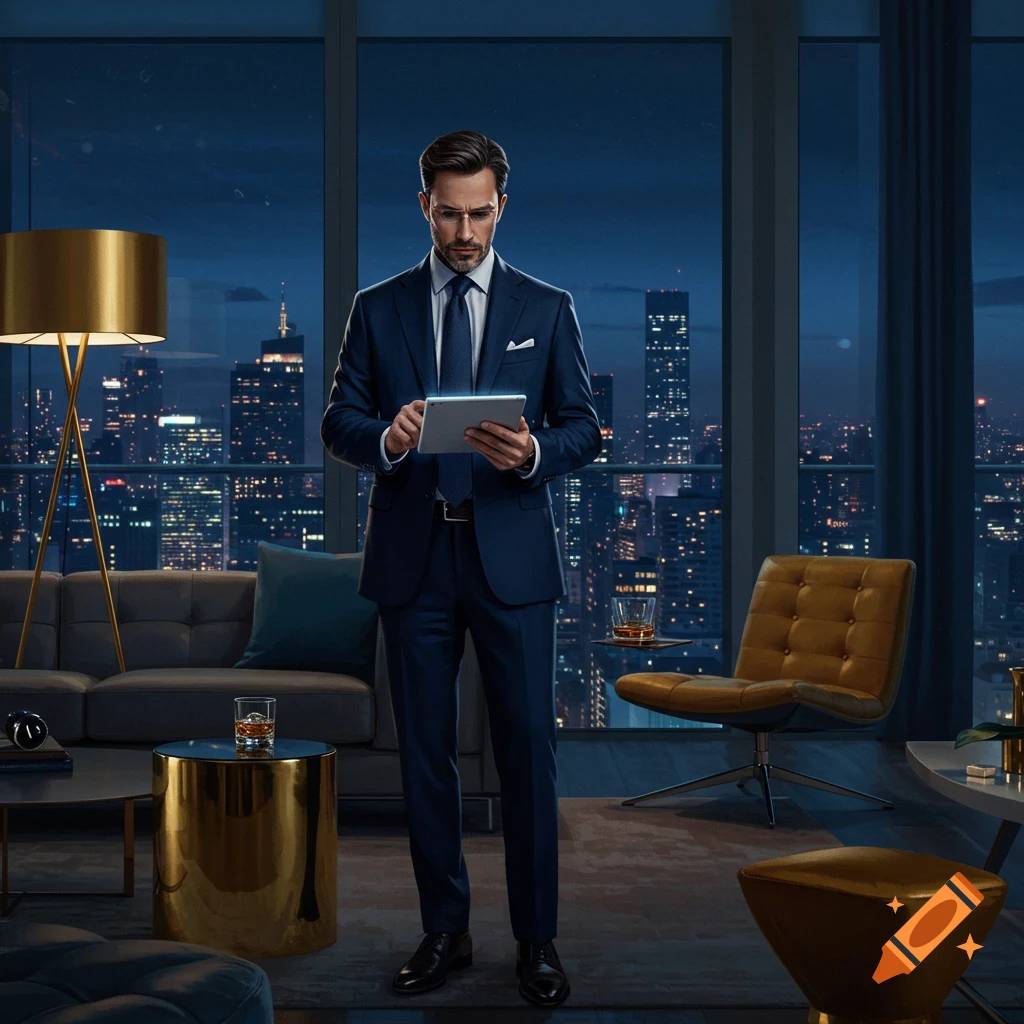 Photorealistic image of a man in a dark suit standing in a luxurious, modern high-rise apartment, looking at a tablet, with a city skyline at night visible through large windows.