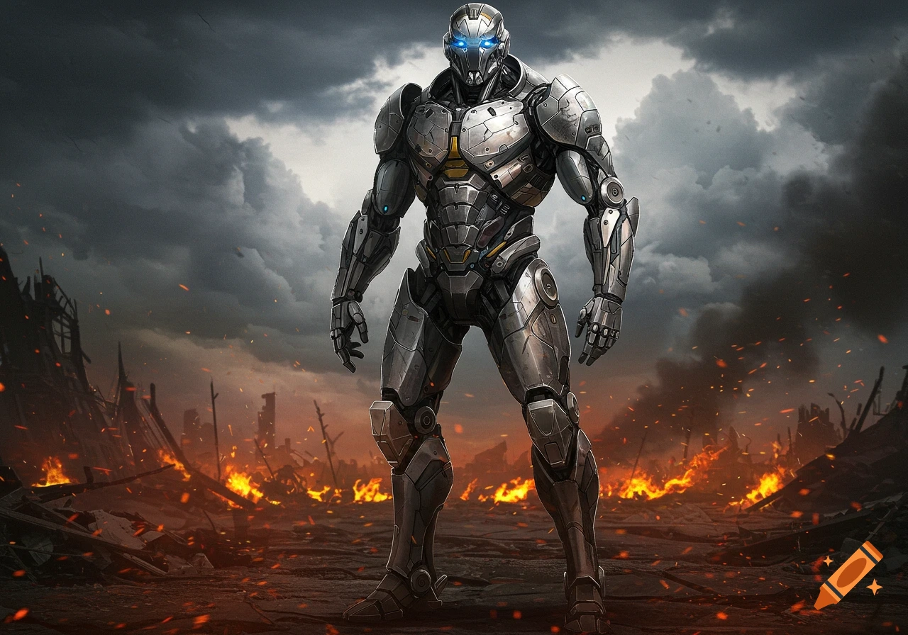 A formidable silver metal robot with glowing blue eyes stands in a desolate, burning, war-torn landscape under a dark sky.