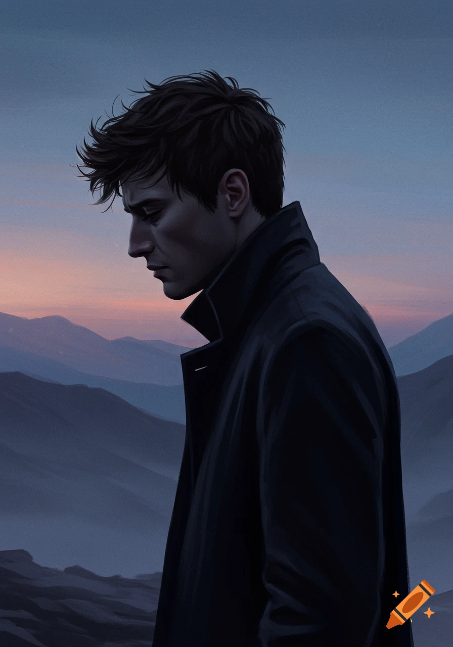 Side profile of a melancholic man with dark, messy hair in a coat, looking down against a misty mountain landscape at sunset.