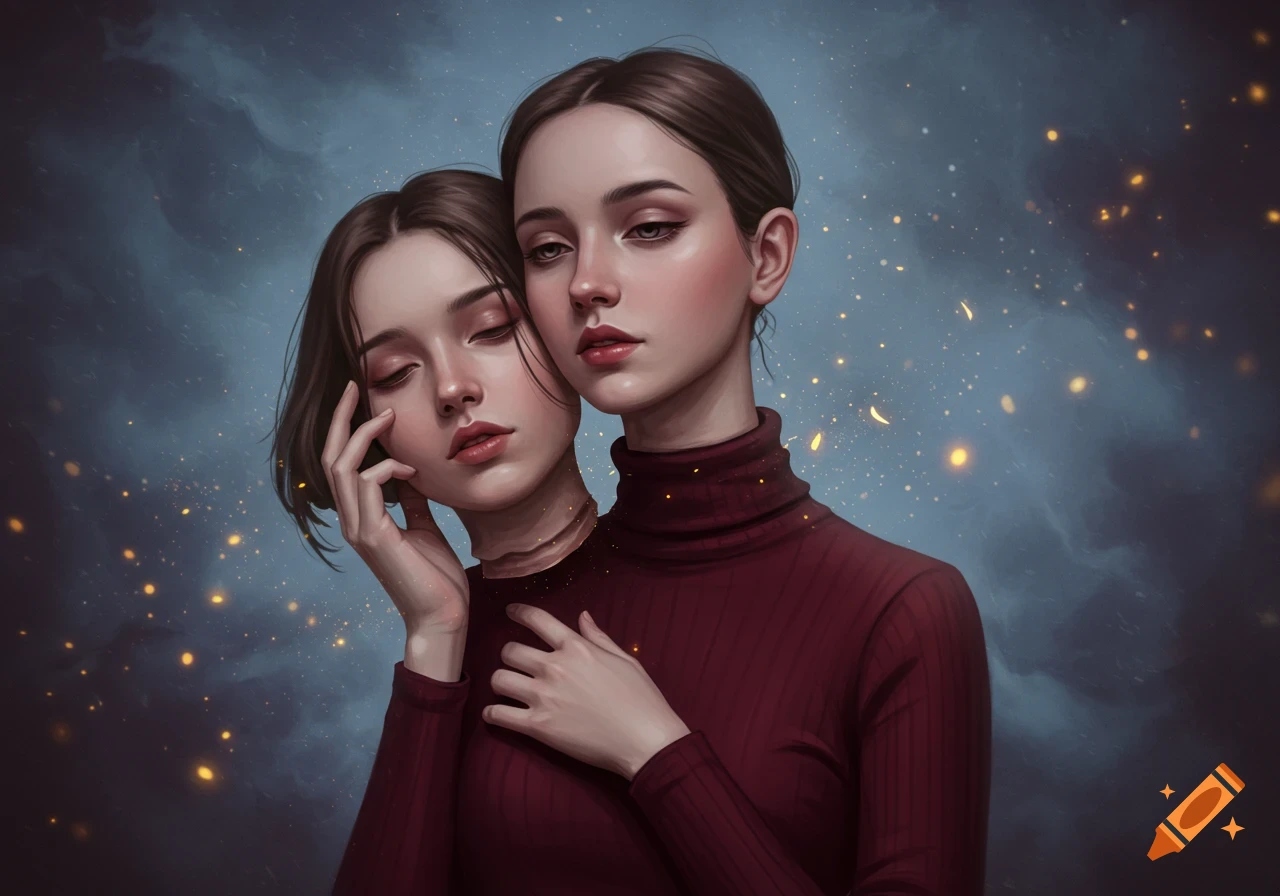 Painterly digital art of a young woman in a red turtleneck holding a detached head that resembles her own, against a sparkling cloudy background.