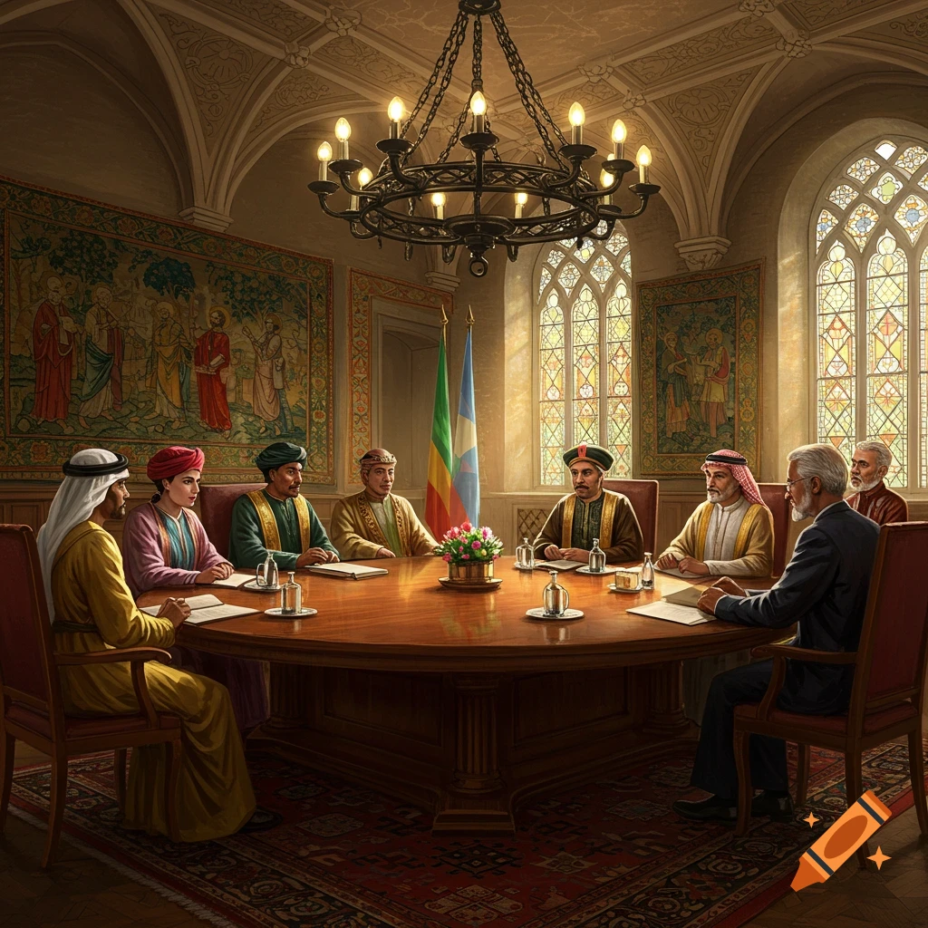 A group of diverse leaders in traditional attire seated around a large wooden table in an ornate room with stained glass windows.
