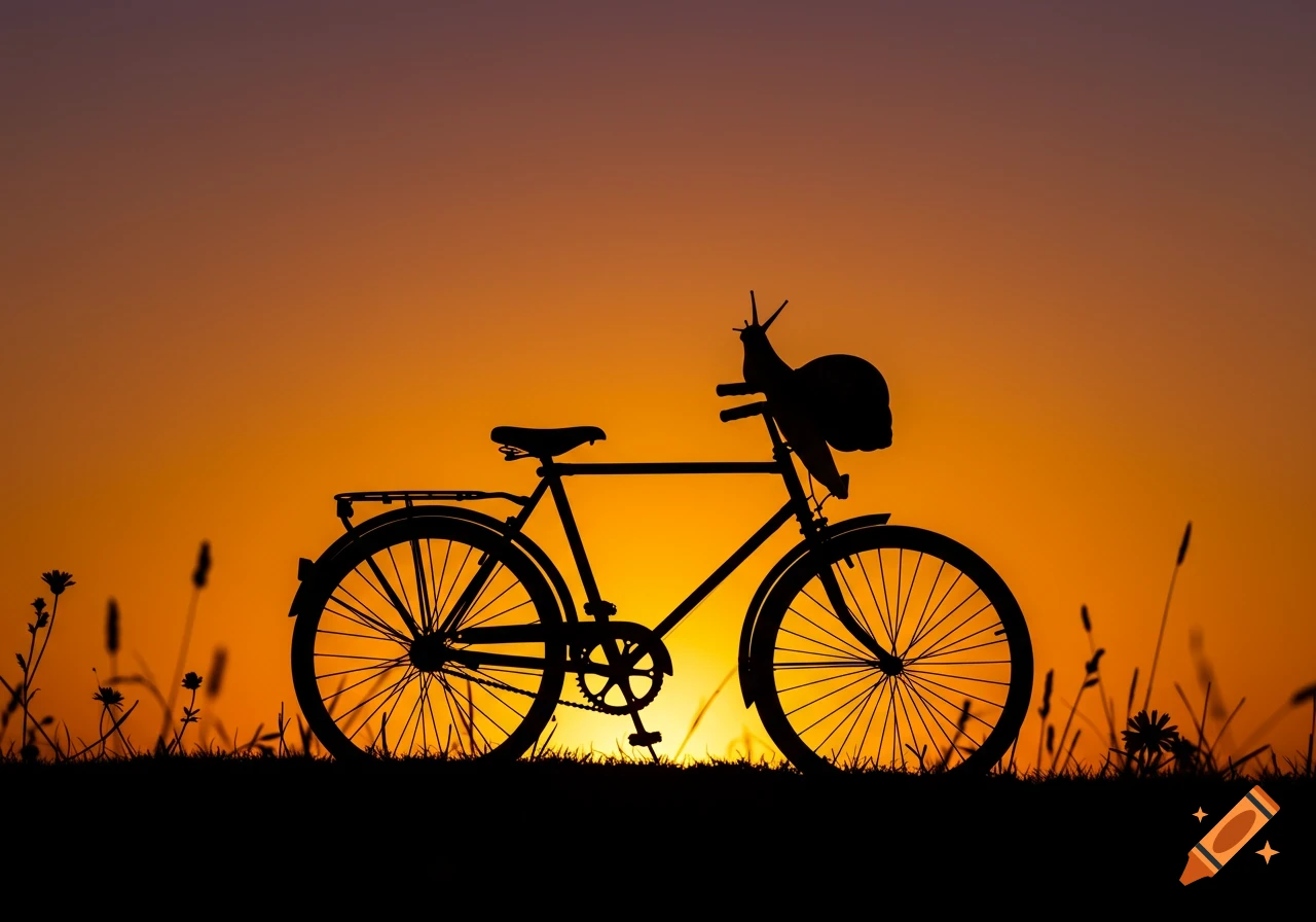 Silhouette of a snail on a bicycle against an orange and purple sunset with tall grass.