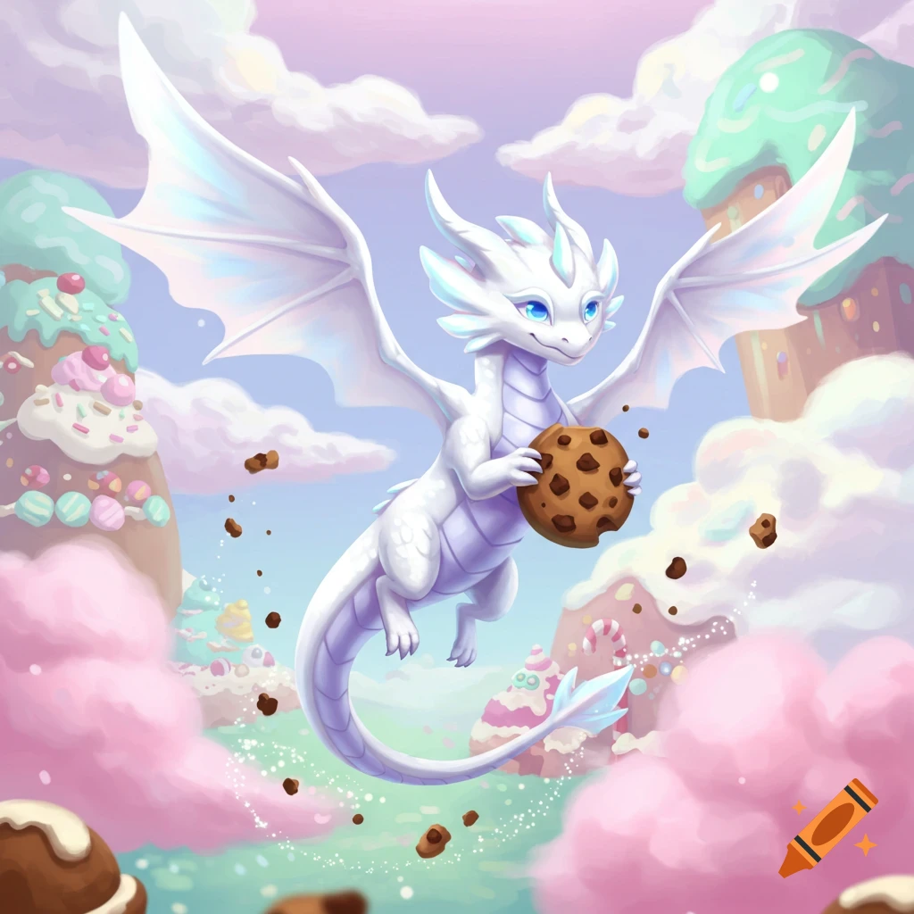 A cute white dragon with blue eyes flies in a pastel candy land sky, holding a chocolate chip cookie.