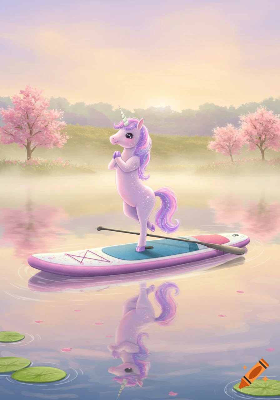 A cute, light purple unicorn does a yoga pose on a paddleboard on a misty lake with cherry blossom trees at sunrise, in a cartoon style.