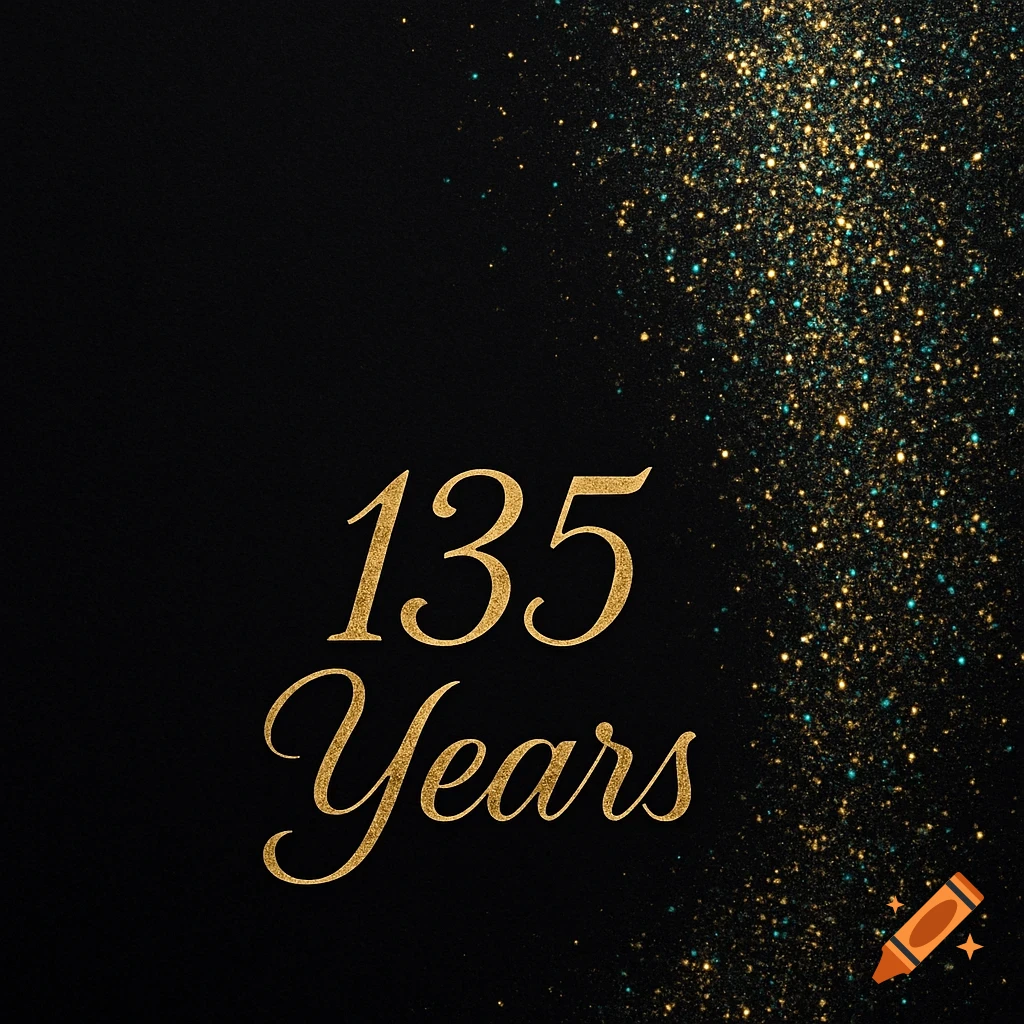 Gold cursive text "135 Years" on a black background, with gold and teal glitter sparkling in the upper and lower right corners.