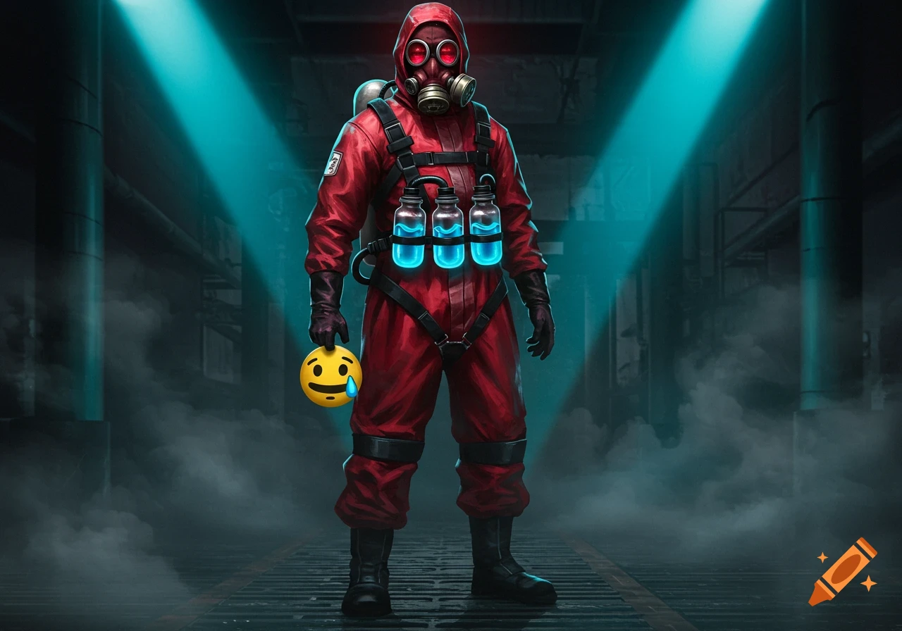 A person in a red hazmat suit and gas mask stands in a dark, foggy industrial setting, holding a yellow emoji in their hand.