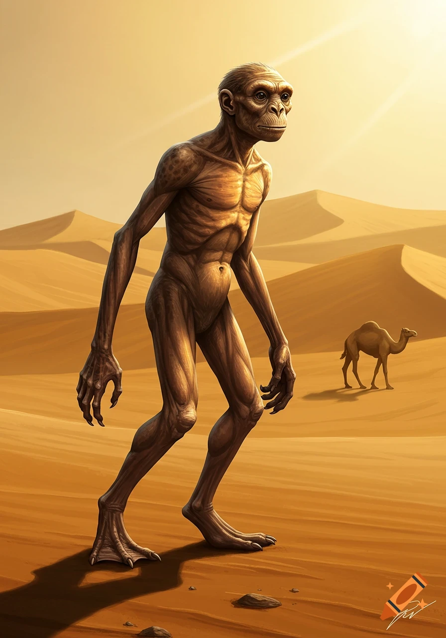 A thin, muscular bipedal hominid with webbed feet walks in a sandy desert with dunes and a camel in the background, illustrated.