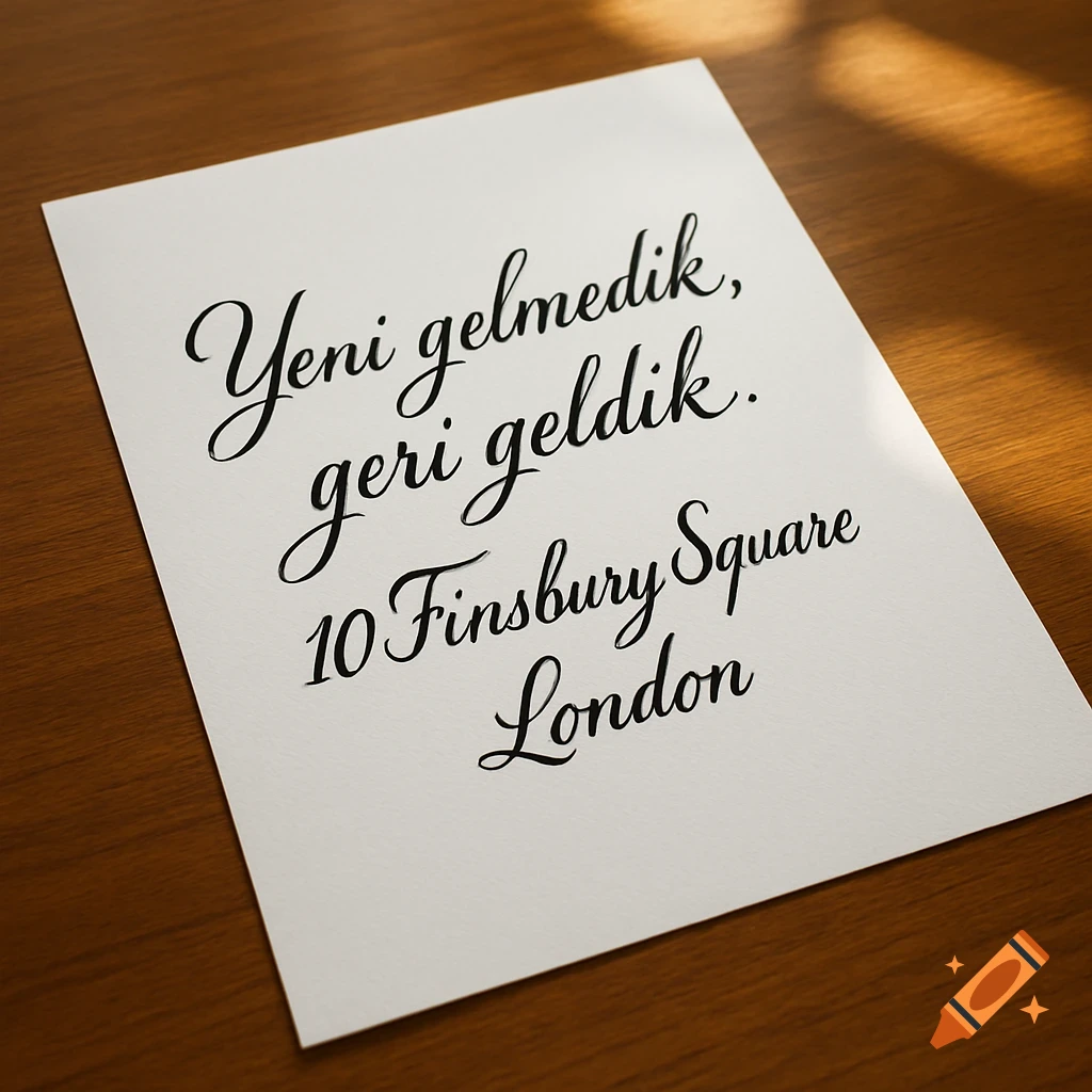 A white sheet of paper on a wooden table, displaying calligraphic text in black ink: 'Yeni gelmedik, geri geldik. 10 Finsbury Square London'.