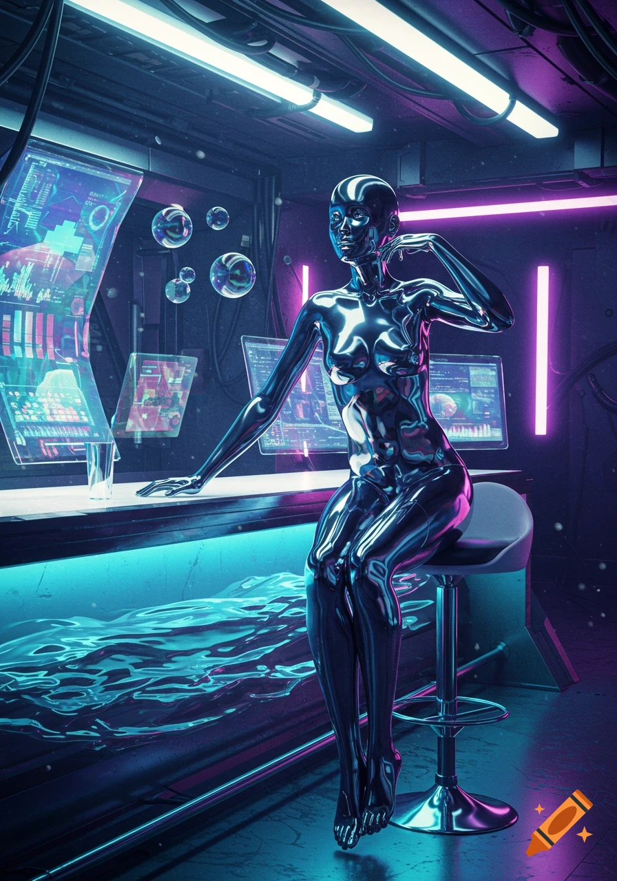 Shiny chrome humanoid figure sitting on a bar stool in a futuristic, neon-lit sci-fi environment with holographic screens.