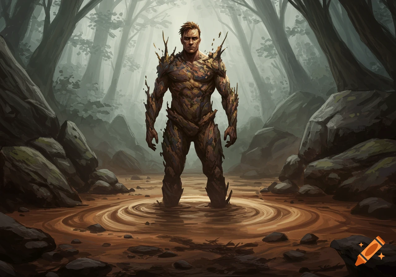 A man with a body made of mud and roots stands in a muddy clearing in a misty forest, looking determined.