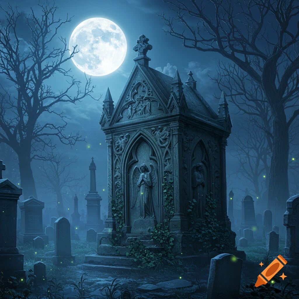 Gothic crypt in a misty graveyard under a full moon, with bare trees and glowing green lights. Dark, atmospheric night scene.