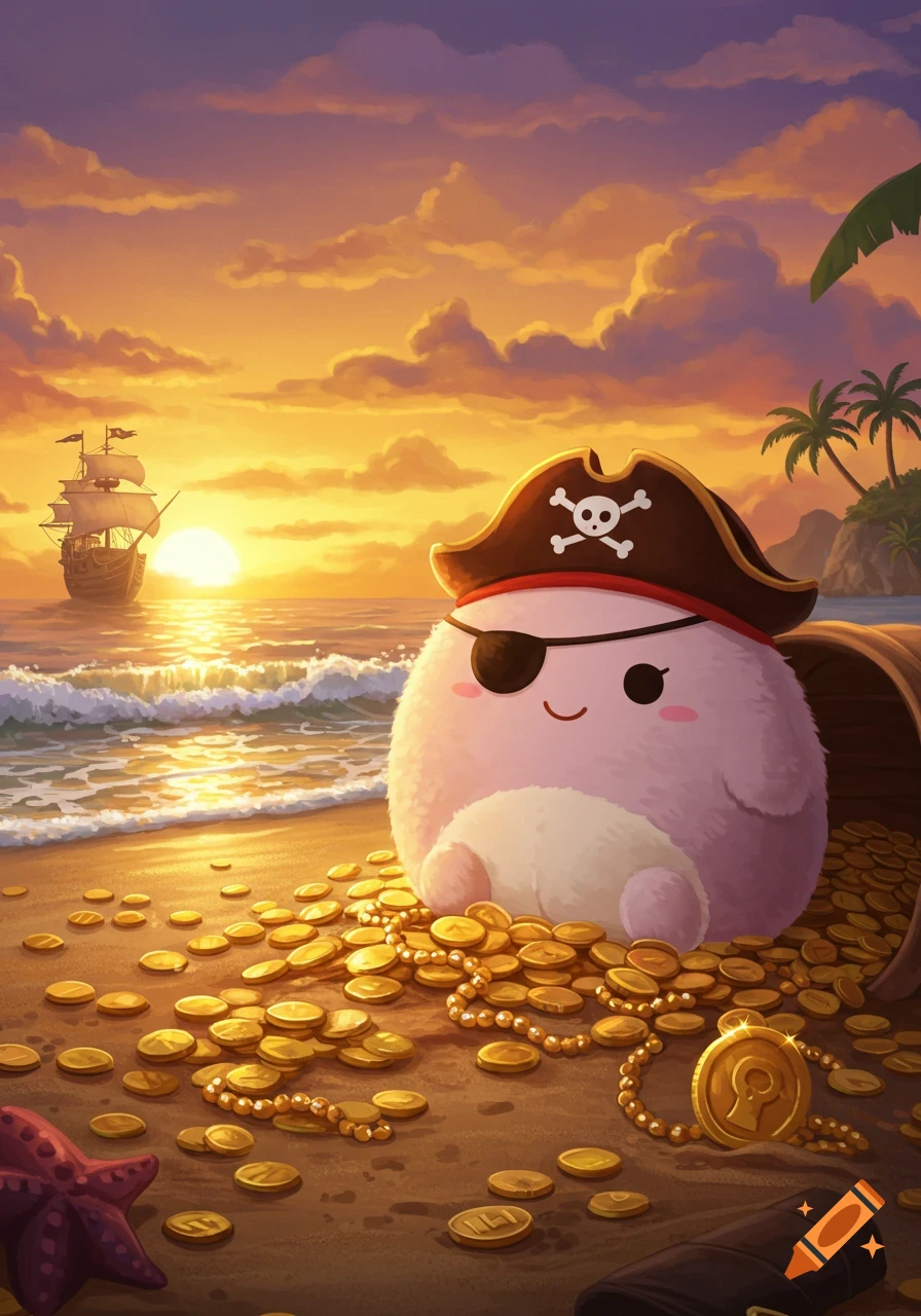 A cute, fluffy pink pirate creature on a sunset beach, surrounded by gold coins, with a ship sailing in the ocean.
