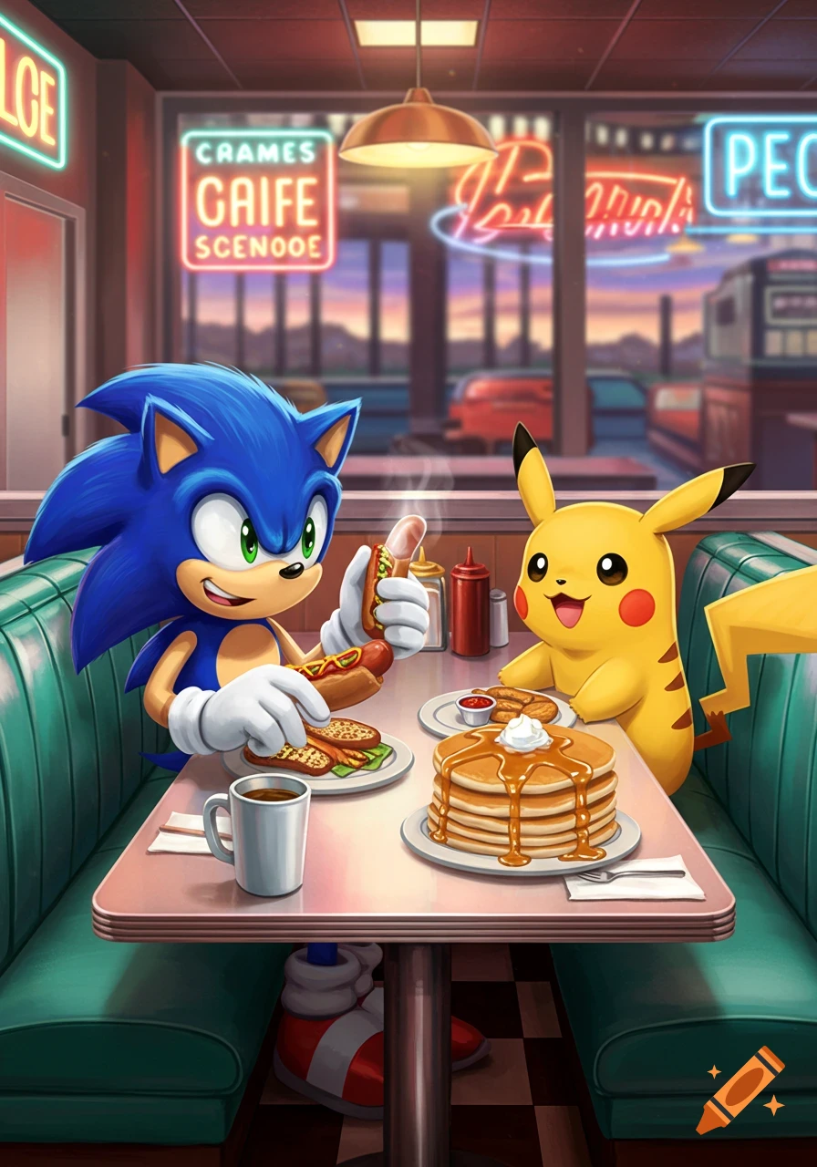 Sonic the Hedgehog and Pikachu happily eating pancakes and hot dogs at a retro diner.