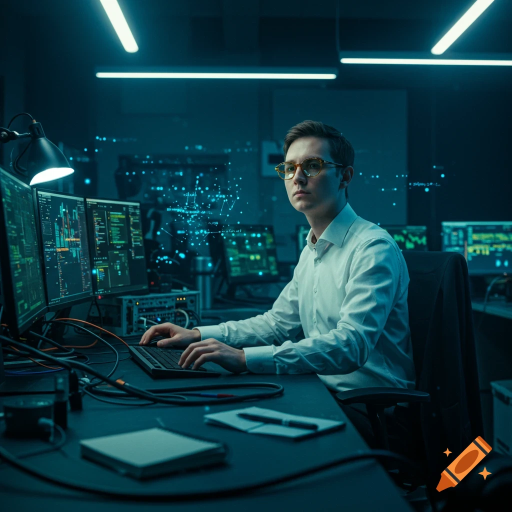 A focused young man in a white shirt and glasses works at multiple computer monitors filled with code in a dark, neon-lit server room.