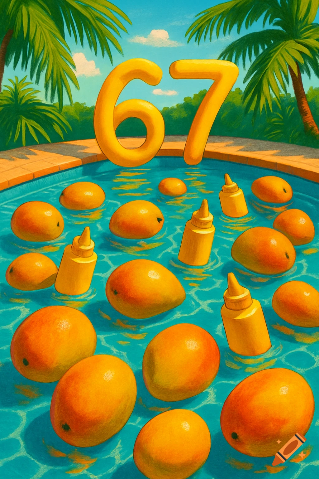 Illustrated outdoor pool filled with mangoes, yellow mustard bottles, and large yellow numbers 6 and 7, with palm trees.