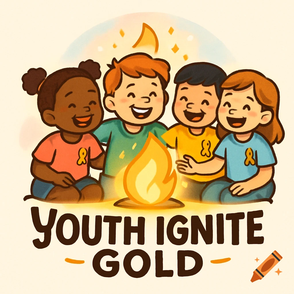 A cute cartoon logo with four diverse children sitting around a campfire, smiling. They wear yellow ribbons. Text below reads "YOUTH IGNITE GOLD".